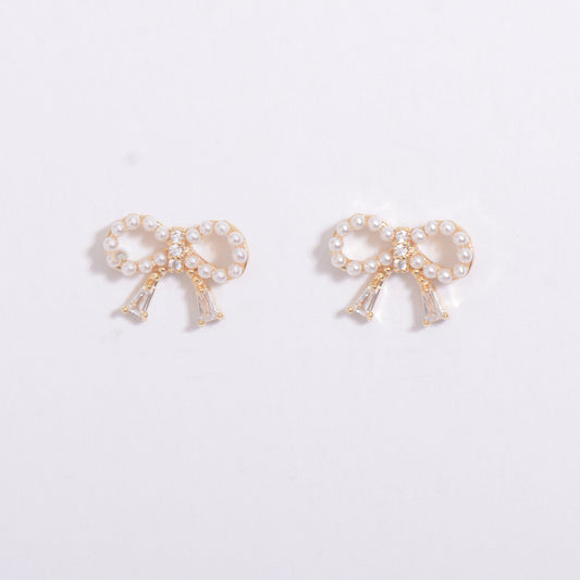 Gold Plated Ribbon Pearl Embedded Earrings