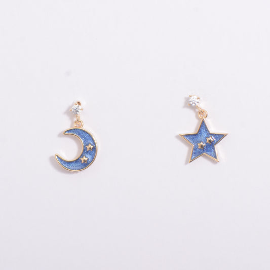 Blue Galaxy Star Moon Gold Plated Earrings