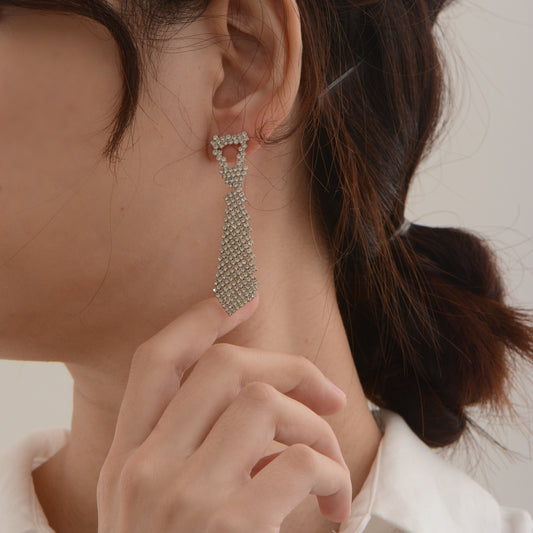 Sliver Drop Crystal Embedded Bow Tie Dangling Earrings