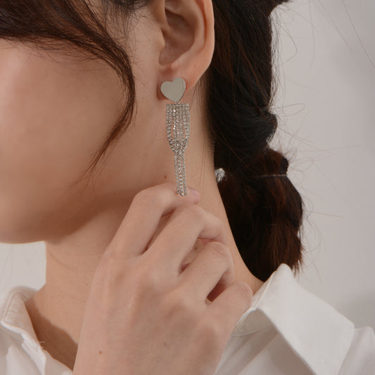 Sliver Drop Crystal Embedded Heart Elegant Dangling Earrings