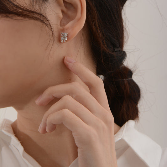 Sliver Bear Cute Crystal Embedded Earrings