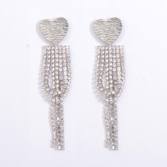 Sliver Drop Crystal Embedded Heart Elegant Dangling Earrings