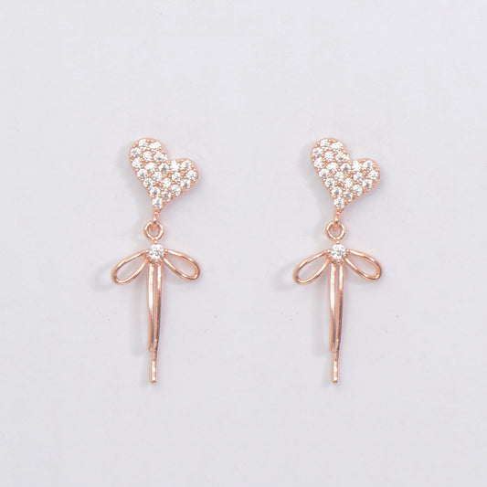 Rose Gold Plated Crystal Embedded Heart Ribbon Bow Earrings