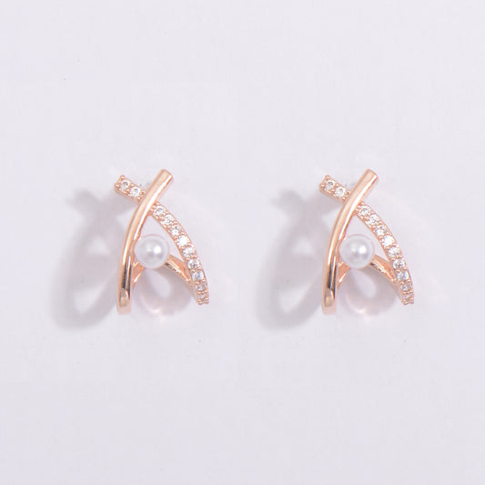 Rose Gold Plated Crystal Embedded Pearl Earrings
