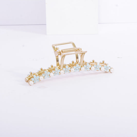 Gold Plated Pearl Blue Flowers Floral Hair Claw Clip