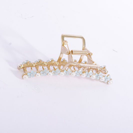 Gold Plated Pearl Blue Flowers Floral Hair Claw Clip