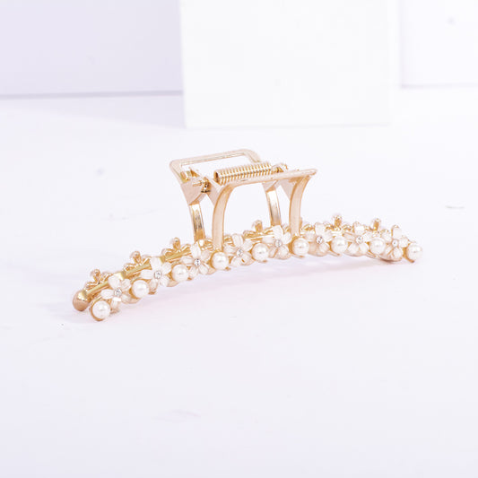 Large Gold Plated Pearl Flower Floral Hair Claw Clip