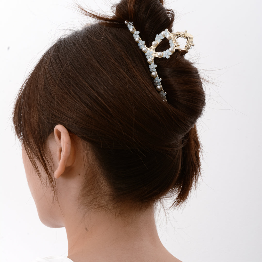 Large Gold Plated Pearl Blue/Pink/White Flower Floral Hair Claw Clip