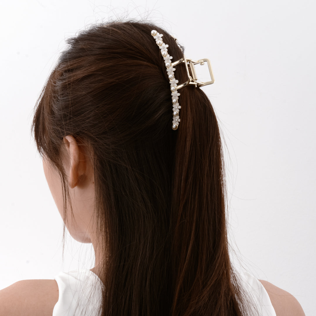 Large Gold Plated Pearl Flower Floral Hair Claw Clip