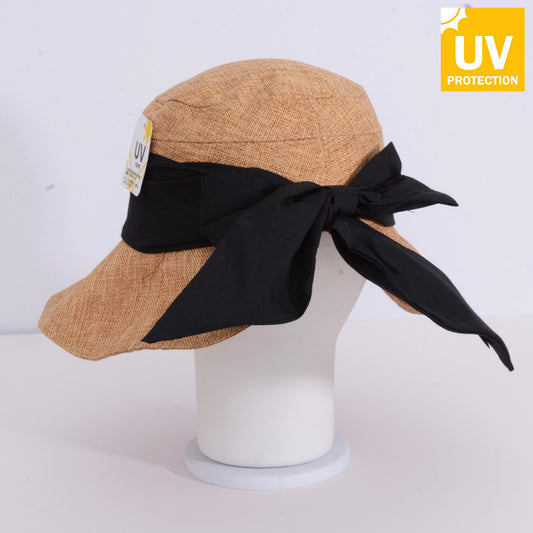 Black / Tan Straw Wide Bucket Hat / Sun Hat / Outdoor Hat with ribbon