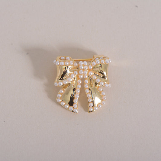 Ribbon Pearl Gold Plated Crystal Pin Brooch