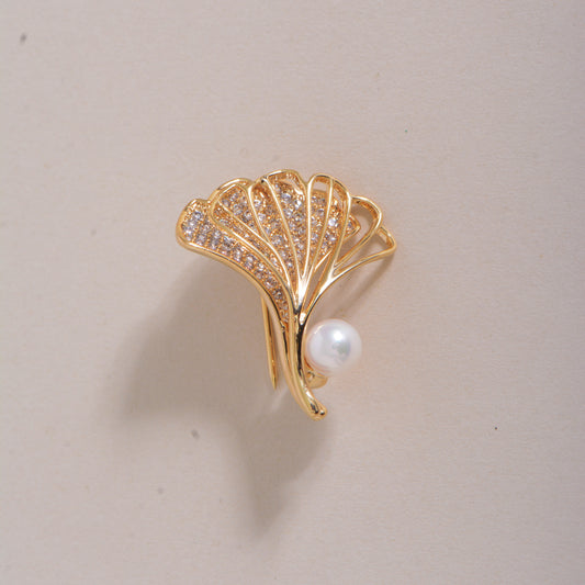Leaf Pearl Gold Plated Crystal Pin Brooch