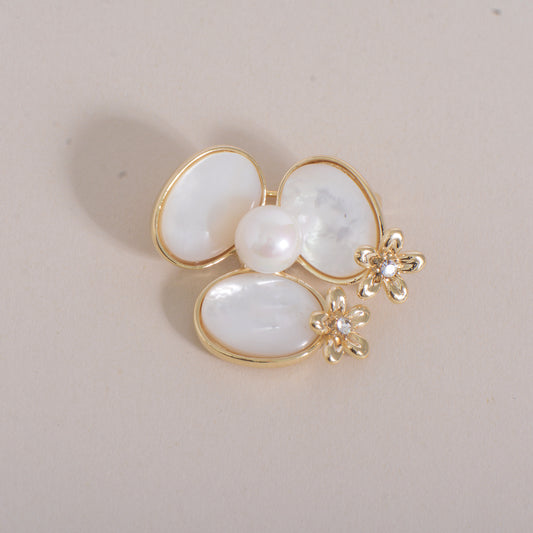 Pearl Iridiscent Flower Gold Plated Crystal Pin Brooch