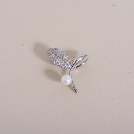 Leaf Pearl Sliver Crystal Pin Brooch