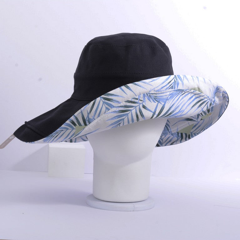 [Helen] Biege / Black Reversible Tropical Leafs Wide Bucket Hat Unisex