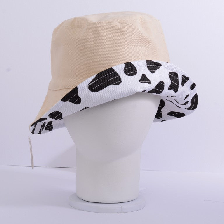 [Helen] Beige / Grey Reversible Cow Prints Wide Bucket Hat Unisex