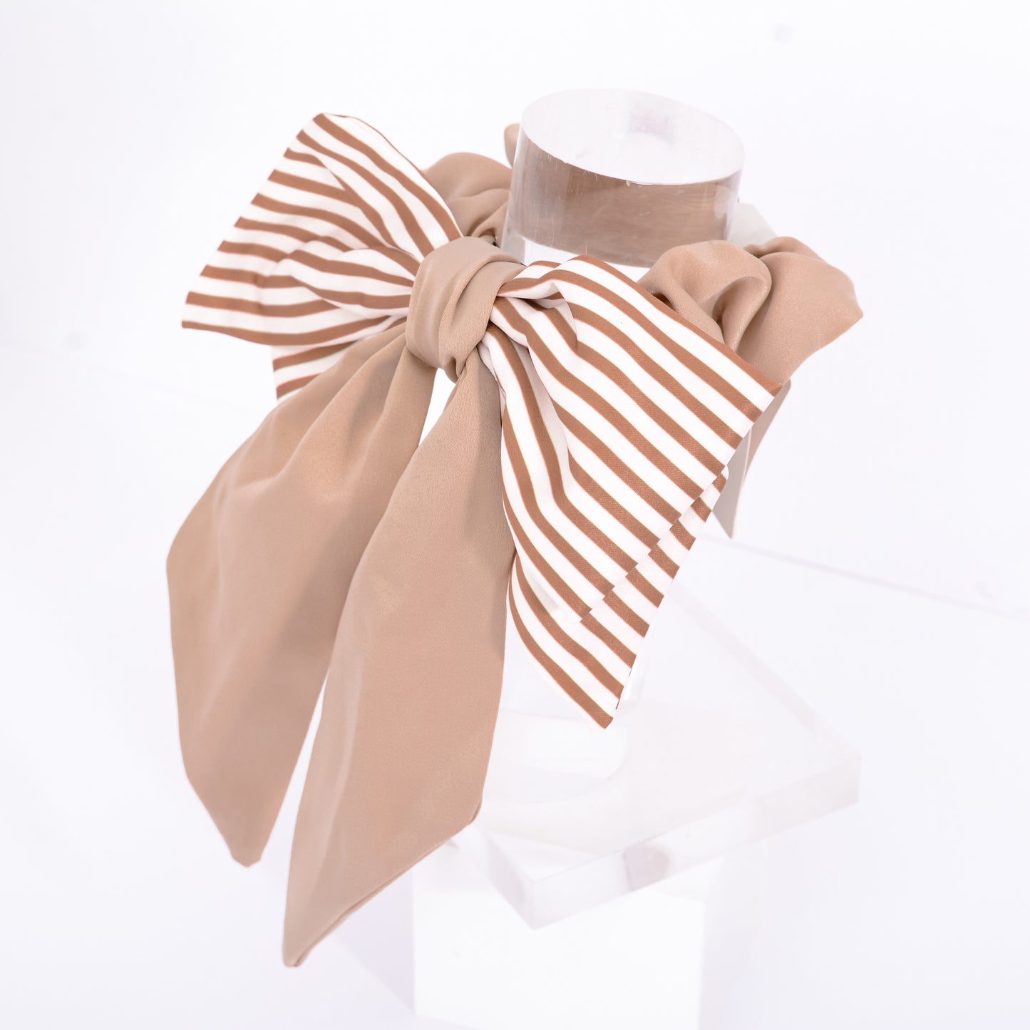[Helen] Black / Brown / Beige Large Big Bow Striped Ribbon Satin Scrunchie Elastic Hair Tie