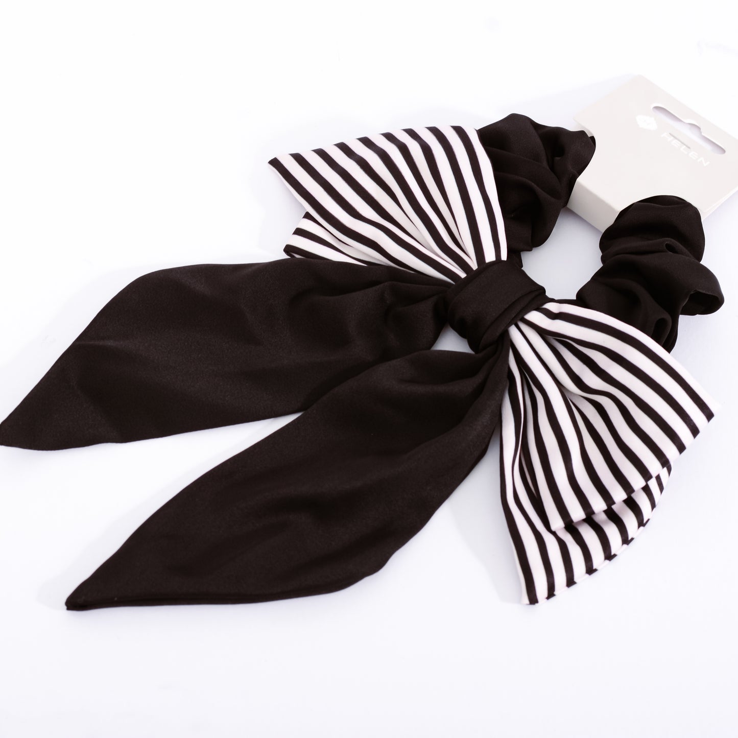[Helen] Black / Brown / Beige Large Big Bow Striped Ribbon Satin Scrunchie Elastic Hair Tie