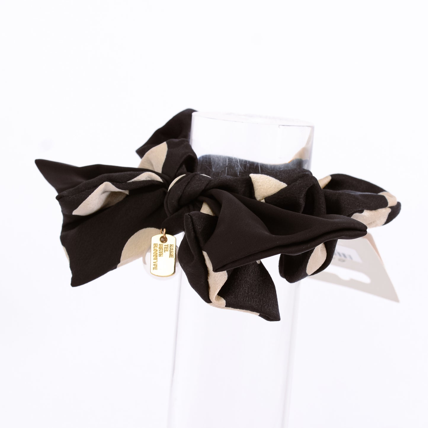 [Helen] Black / Beige / White Spotted Prints Bow Ribbon Pearl Satin Scrunchie Elastic Hair Tie