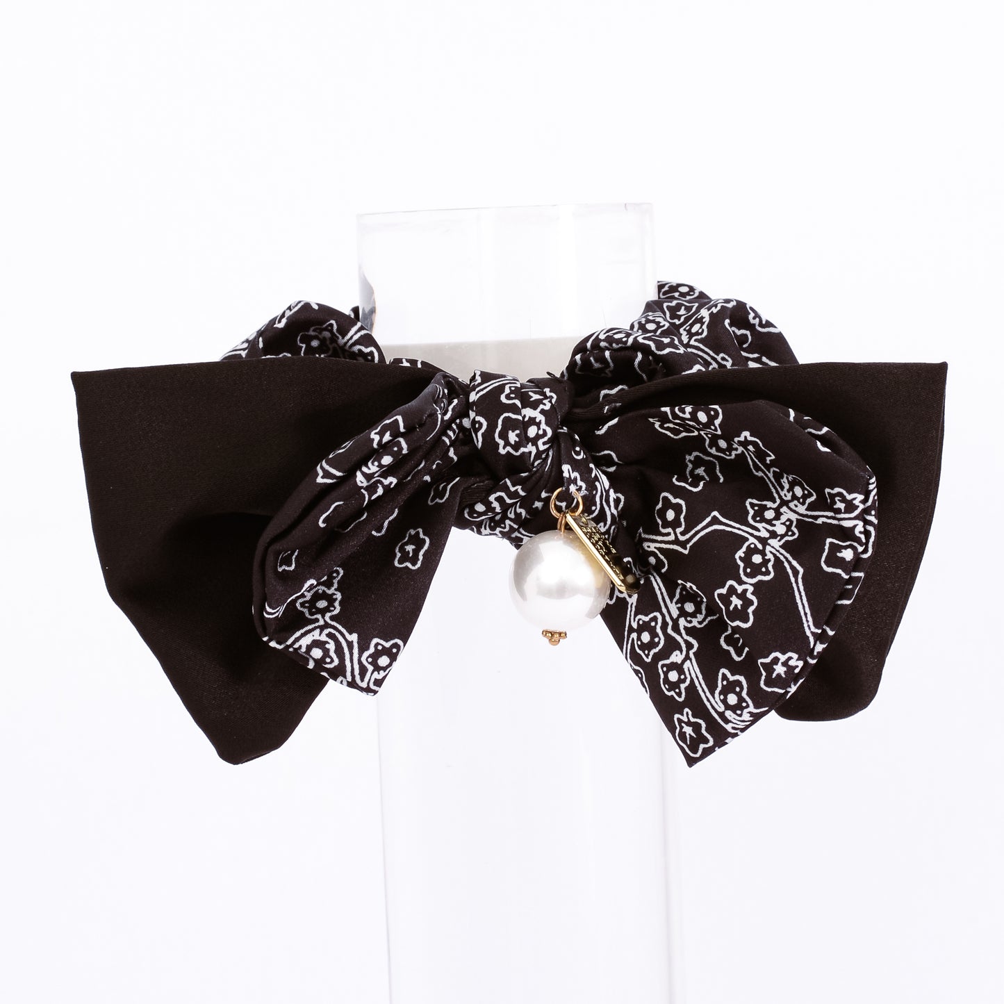 [Helen] Black / Beige Intricate Prints Bow Ribbon Pearl Satin Scrunchie Elastic Hair Tie