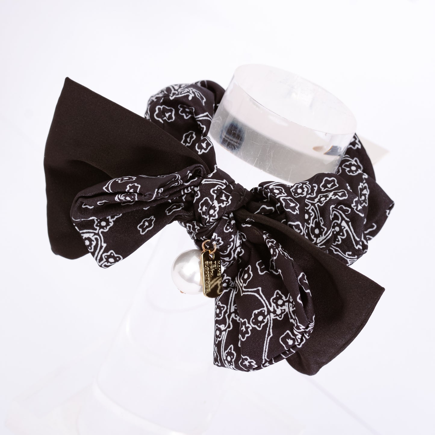 [Helen] Black / Beige Intricate Prints Bow Ribbon Pearl Satin Scrunchie Elastic Hair Tie