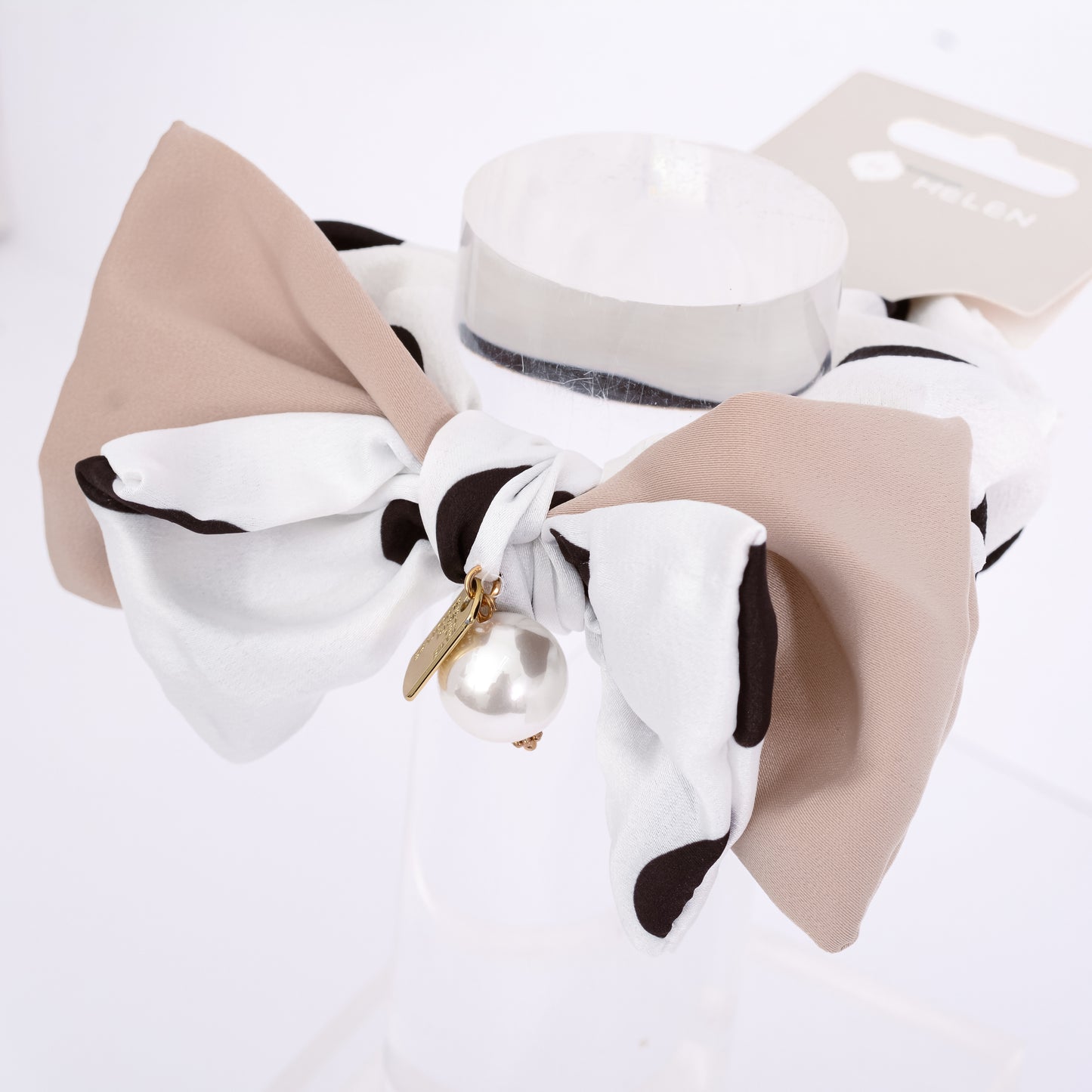 [Helen] Black / Beige / White Spotted Prints Bow Ribbon Pearl Satin Scrunchie Elastic Hair Tie