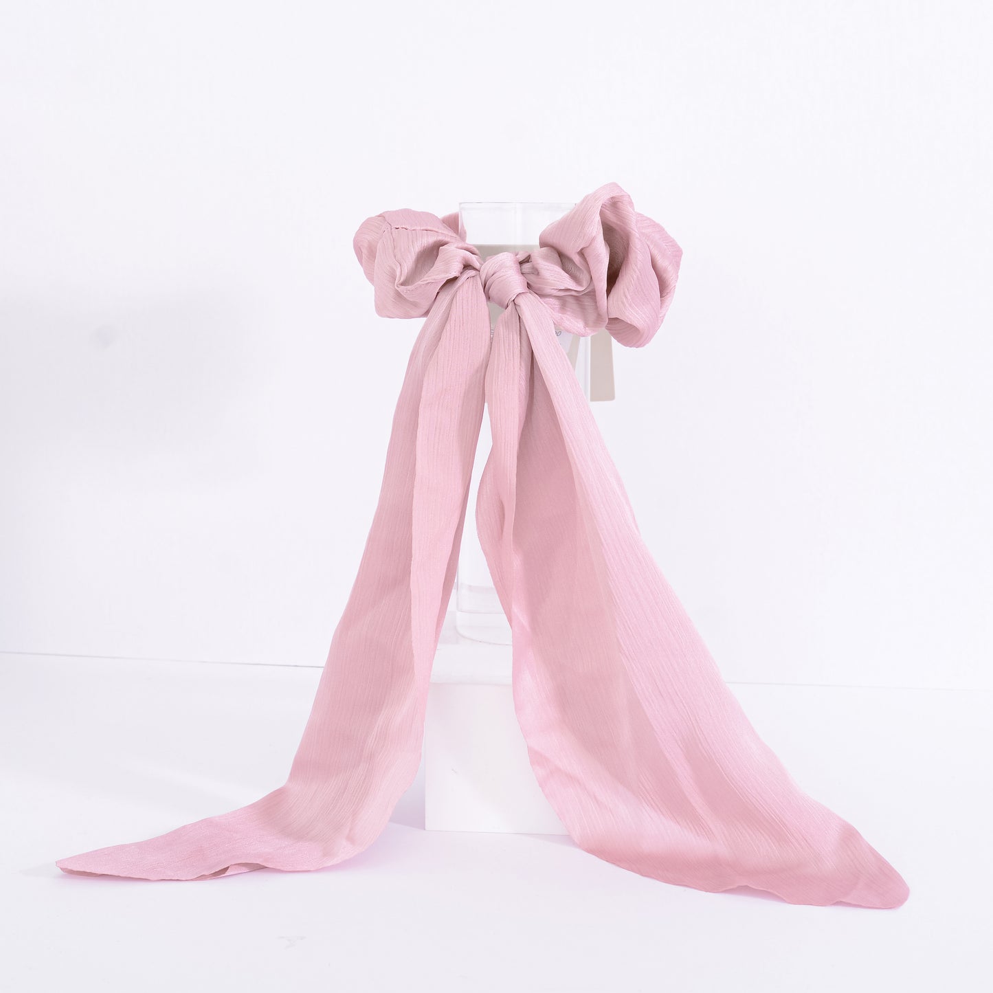 [Helen] Black / Pink / Champaign Beige Long Sheer Bow Ribbon Satin Scrunchie Elastic Hair Tie