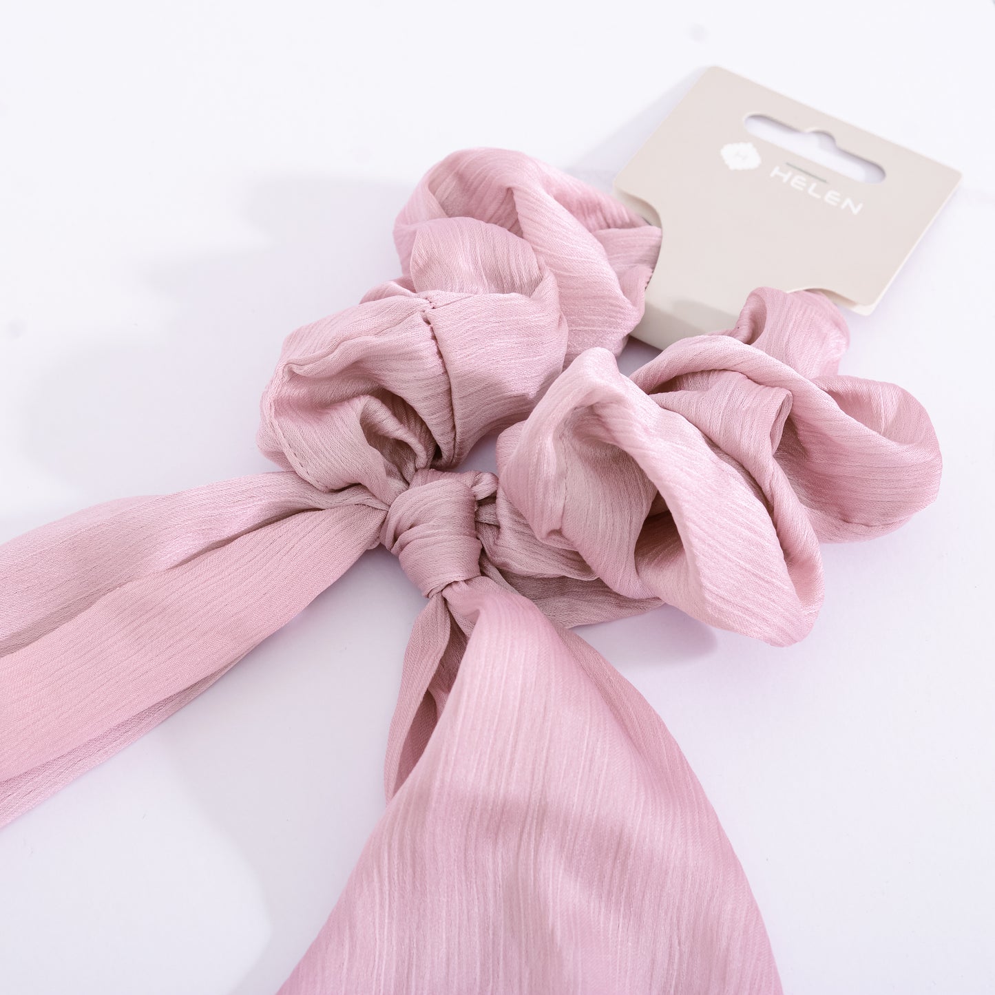 [Helen] Black / Pink / Champaign Beige Long Sheer Bow Ribbon Satin Scrunchie Elastic Hair Tie