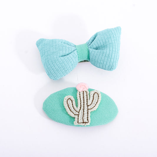 Blue Green Cactus / Pink Cherry / Orange Green Carrot 2 Pieces Cloth Bow Ribbon Hair Clips Kids
