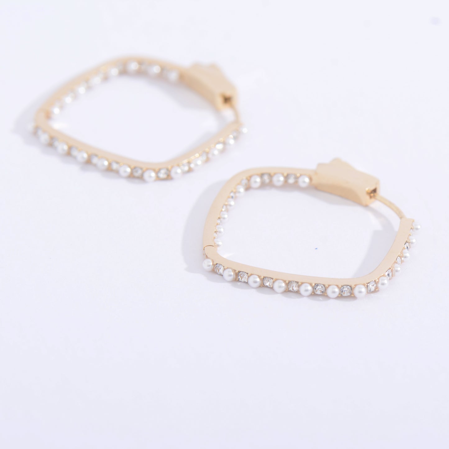 Gold Plated Pearl Rounded Square Hoop Earrings